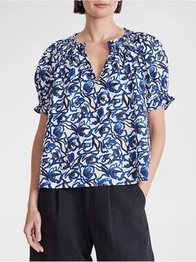 Apiece Apart Kasin Floral Print Puff Sleeve Top XS Blue Floral